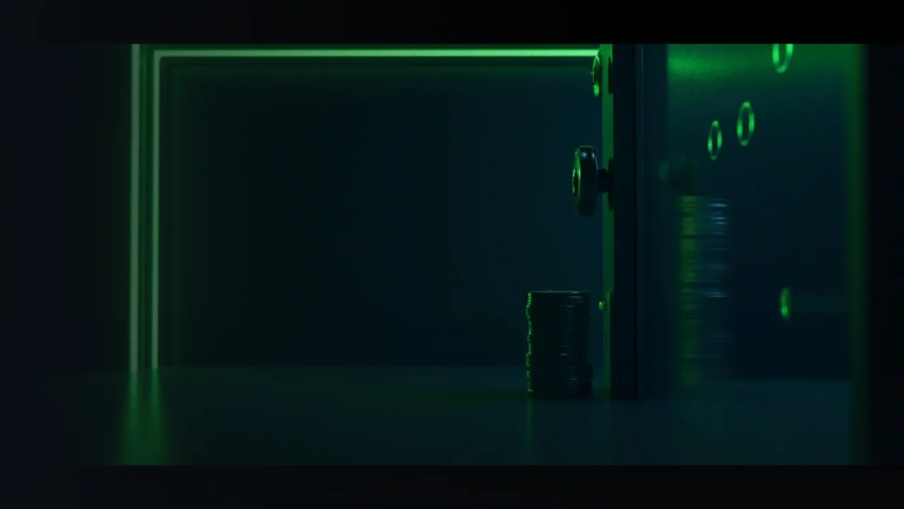 A dark vault scene with a steel safe door, blank metal coins and lime green light.