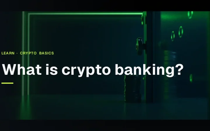 The title What is crypto banking over a dark vault scene with a steel safe door, blank metal coins and lime green light.