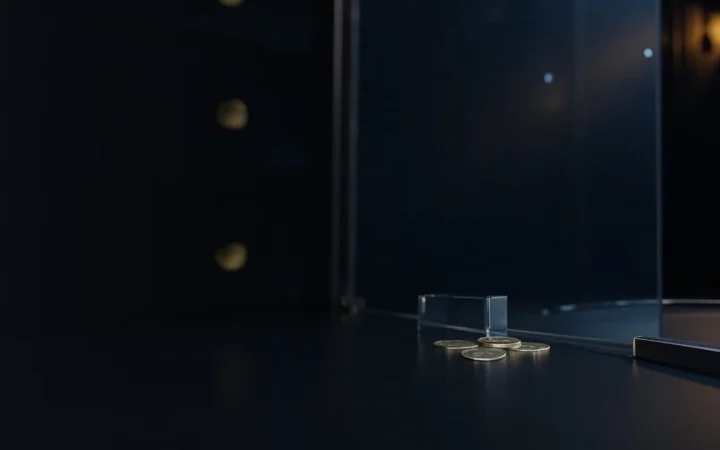 Une salle de coffre sombre avec des tiroirs en acier, du verre, des jetons métalliques vierges et une lueur dorée.