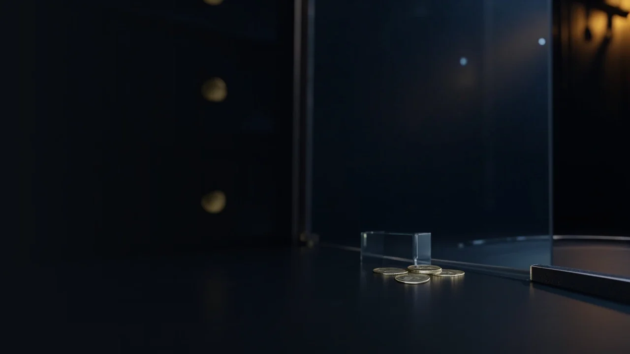 Una sala acorazada oscura con cajones de acero, cristal, tokens metálicos en blanco y un resplandor dorado.