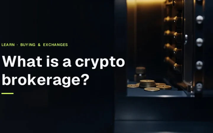 A dark vault room with steel drawers, glass, blank metal tokens and a gold glow, under the title What is a crypto brokerage?