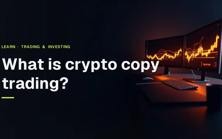 Titlen Hvad er crypto copy trading over et mørkt marineblåt skrivebord med glødende orange skærme, der viser abstrakte diagrammer.
