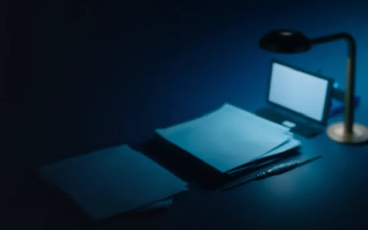 Ein dunkelblauer Schreibtisch mit leeren Fondsdokumenten, einem Taschenrechner und einem Ordner, beleuchtet von sanftem Blau.