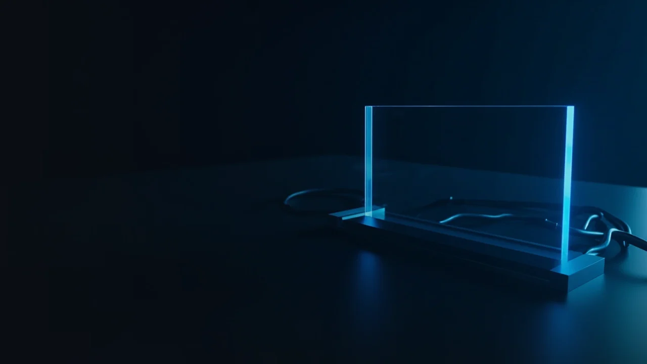 Un bureau bleu marine foncé avec des panneaux de verre vierges et une barre métallique éclairée par une lueur bleue à droite, une ombre vide à gauche.