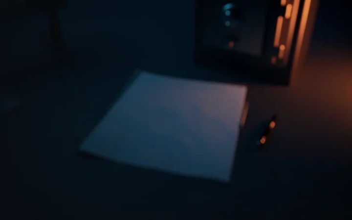 A dark navy desk with a blank folder, a pen and a steel safe lit in orange.