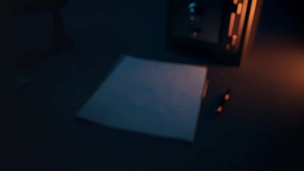 Un bureau bleu marine foncé avec un dossier vierge, un stylo et un coffre-fort en acier éclairé en orange.
