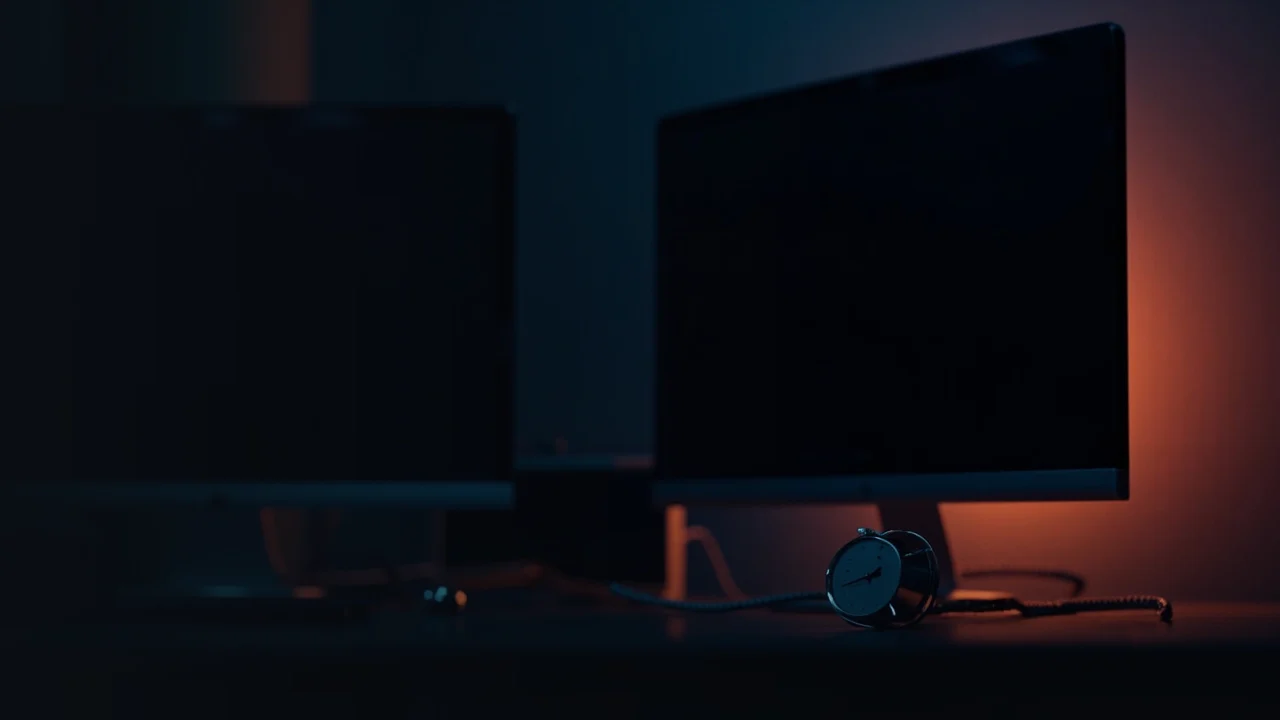A dark navy desk with blank monitors lit by orange glow.