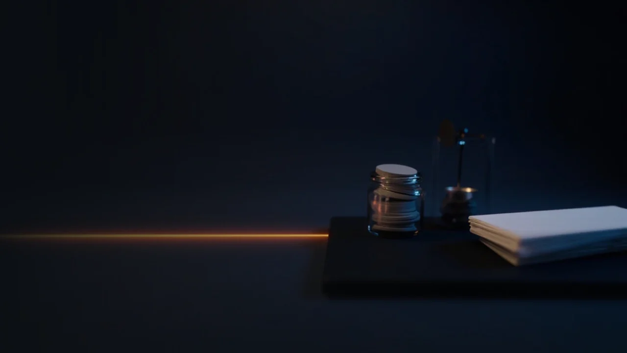 Et mørkt skrivebord med blanke certifikater, et glas med tokens og en glødende orange kurvelinje.