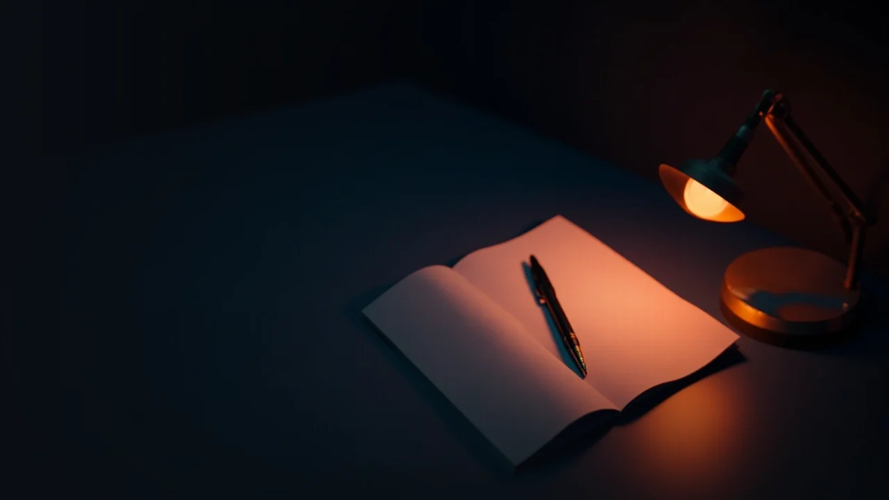 Un escritorio oscuro con un cuaderno, un bolígrafo y una lámpara naranja encendida.