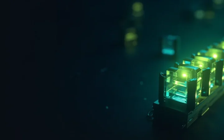 A dark navy background with glowing lime green glass blocks linked by light on the right.