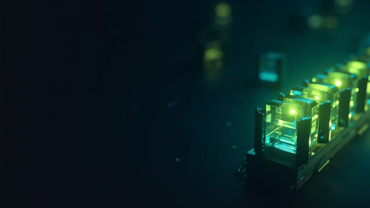 A dark navy background with glowing lime green glass blocks linked by light on the right.
