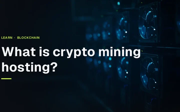 Dark navy server room with mining machines and cyan blue accents on the right, left half empty, for a crypto mining hosting guide.