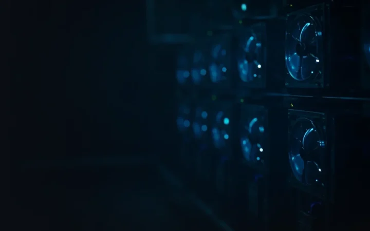 Mørkt marineblåt serverrum med mining-maskiner og cyanblå accenter til højre, venstre halvdel tom, til en guide om crypto mining hosting.