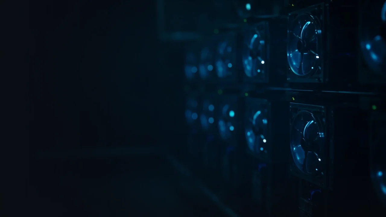 Mørkt marineblåt serverrum med mining-maskiner og cyanblå accenter til højre, venstre halvdel tom, til en guide om crypto mining hosting.