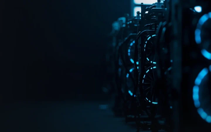 En mørk marineblå baggrund med rækker af mining-rigs og lysende cyanblæsere til højre, tom plads til venstre.