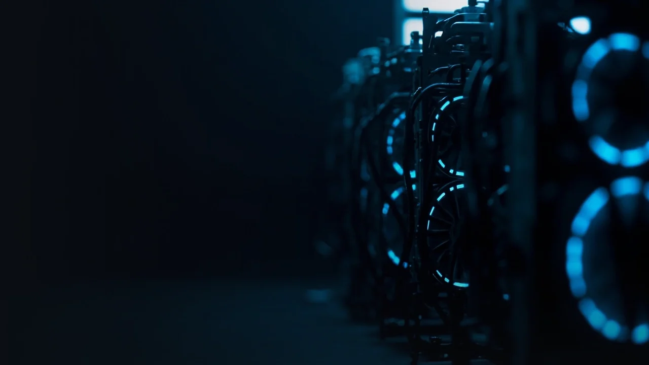 En mørk marineblå baggrund med rækker af mining-rigs og lysende cyanblæsere til højre, tom plads til venstre.