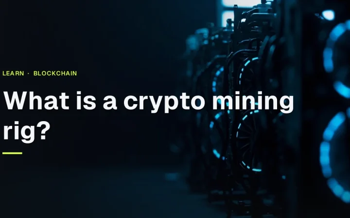 A dark navy background with rows of mining rigs and glowing cyan fans on the right, empty space on the left.