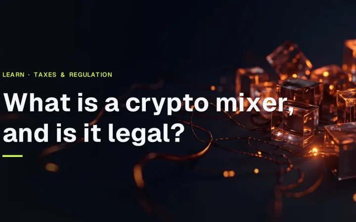 Titlen Hvad er en crypto mixer, og er den lovlig? over en mørk navy baggrund med glødende orange kabler og glasblokke.
