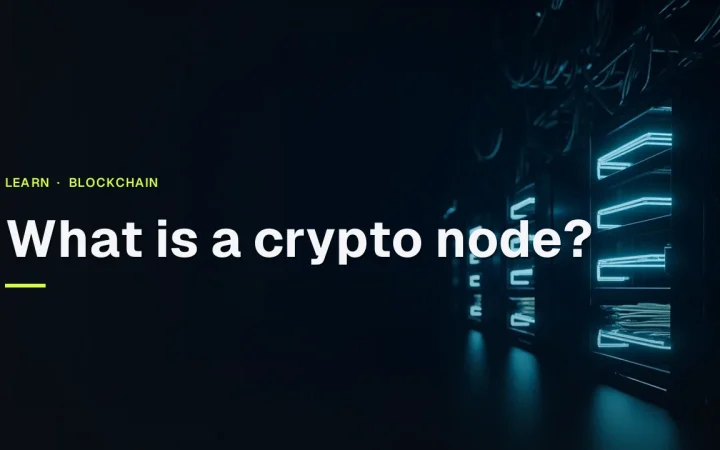 The title What is a crypto node over rows of cyan-lit server racks on a dark navy background