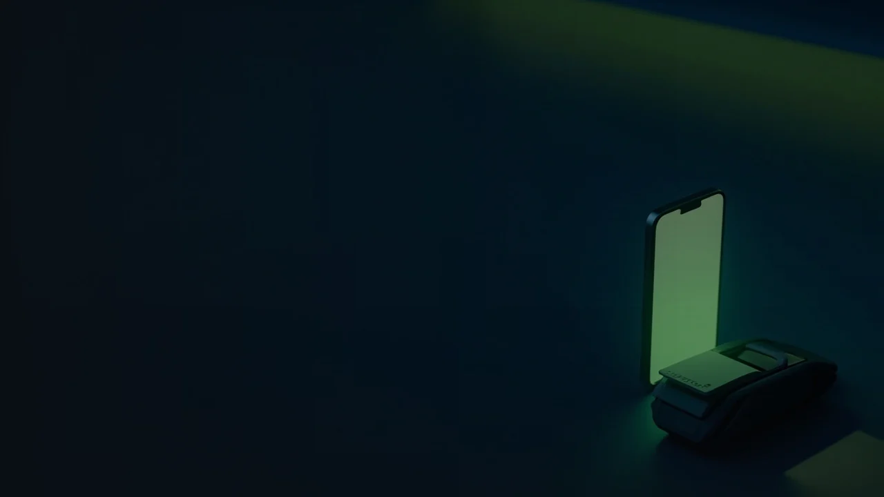 Un bureau sombre avec un terminal de paiement lumineux et un téléphone vierge.