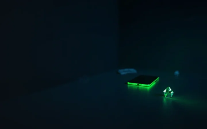 Una escena azul marino oscuro con un terminal de pago, un teléfono y un prisma de cristal que brilla en verde lima a la derecha.