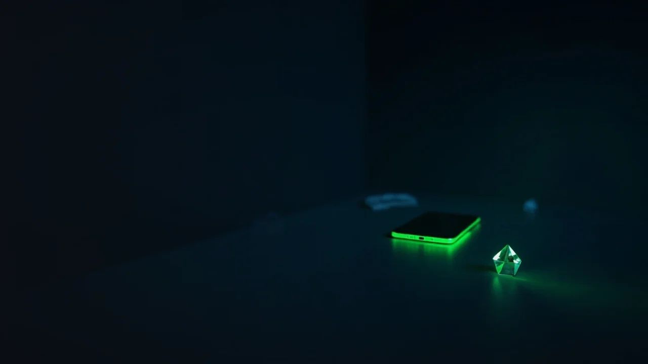 A dark navy scene with a payment terminal, a phone and a glass prism glowing lime green on the right.