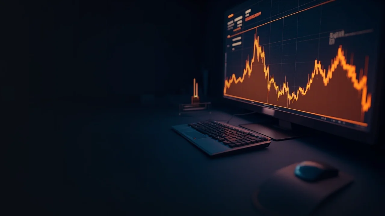 Et mørkeblåt trading-skrivebord med et glødende orange candlestick-diagram, tastatur, mus og et svævende kontraktikon.