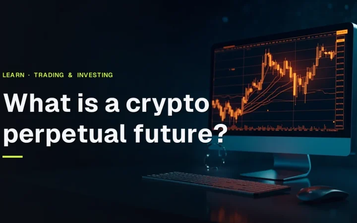 A dark navy trading desk with a glowing orange candlestick chart, keyboard, mouse, and a floating contract icon.