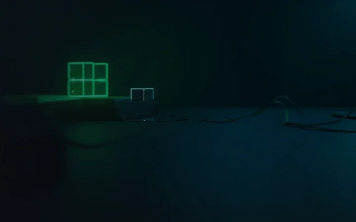Une scène bleu marine sombre de blocs de verre reliés par une lumière vert lime sur la droite.