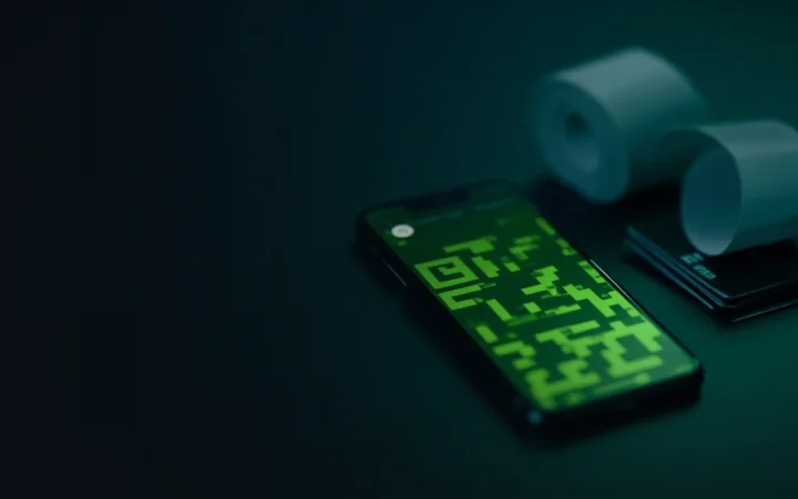 A dark desk with a phone showing a glowing grid, blank cards and a receipt roll.