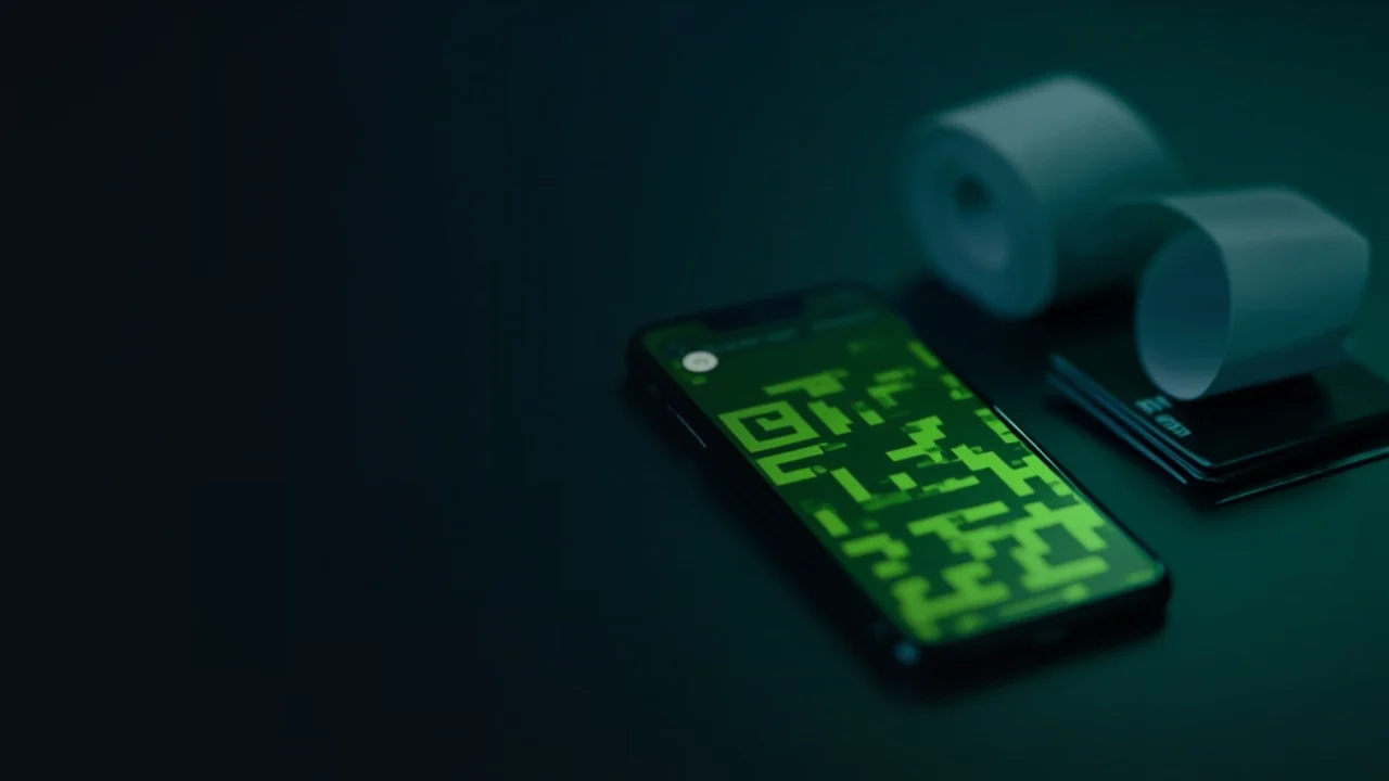 A dark desk with a phone showing a glowing grid, blank cards and a receipt roll.