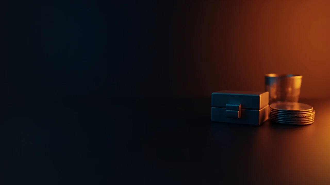 Ett mörkblått skrivbord med tomma metalldiskar, en liten stållåda och en glascylinder upplyst av orange sken till höger.
