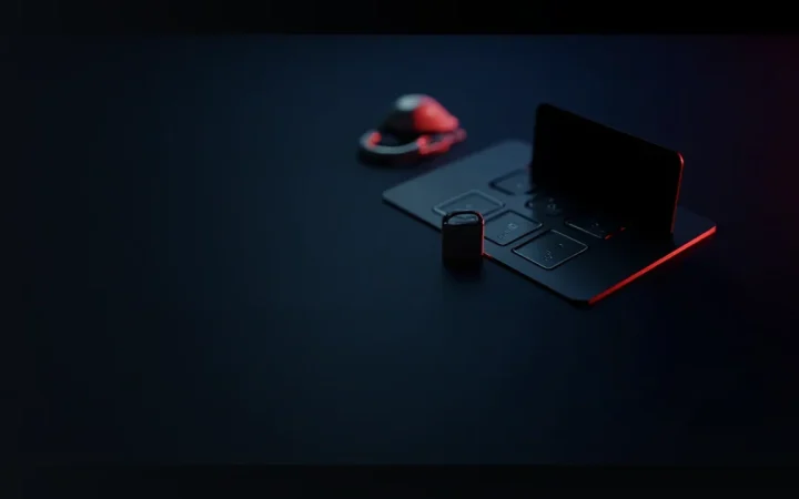 A dark desk with a steel backup plate, a padlock and a hardware wallet with a blank screen.