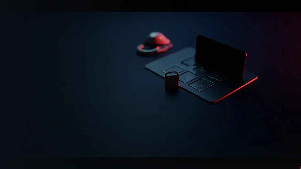 A dark desk with a steel backup plate, a padlock and a hardware wallet with a blank screen.