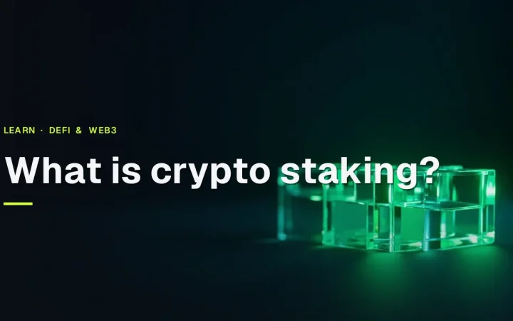What is crypto staking? title over a dark navy background with glowing emerald glass blocks joined by light lines.