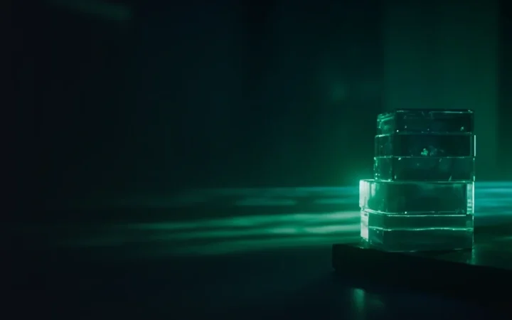 Un fond bleu marine foncé avec des blocs de verre émeraude lumineux reliés par des lignes de lumière.