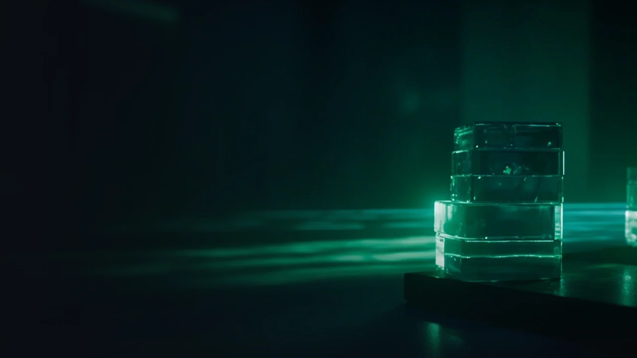 A dark navy background with glowing emerald glass blocks joined by light lines.