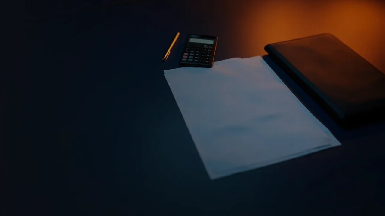 Dunkelblaue Szene mit leeren Formularen, einem Taschenrechner und einem Stift, beleuchtet von warmem orangefarbenem Schein.