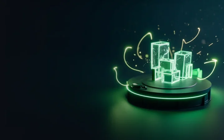 A dark navy background with glowing lime green glass blocks linked by light on the right.