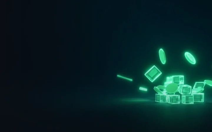 Un fond bleu marine foncé avec des cubes vert lime lumineux et des disques de pièces vierges reliés par la lumière à droite, côté gauche vide.