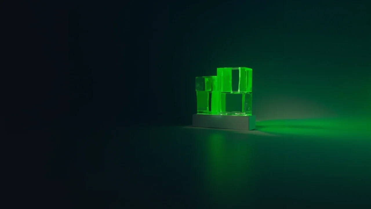 Leuchtende Glasblöcke, die auf einem dunkelblauen Hintergrund durch Licht verbunden sind.