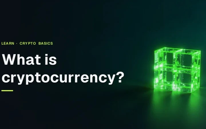 What is cryptocurrency title over glowing glass blocks linked by light on a dark navy background.