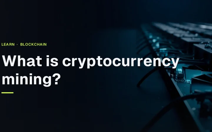 The title What is cryptocurrency mining? over rows of glowing mining machines with fans and cables on a dark navy background.