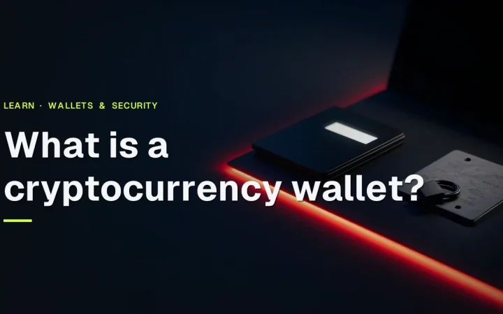 The title What is a cryptocurrency wallet appears over a dark desk with a hardware wallet, steel plate and padlock in red glow.