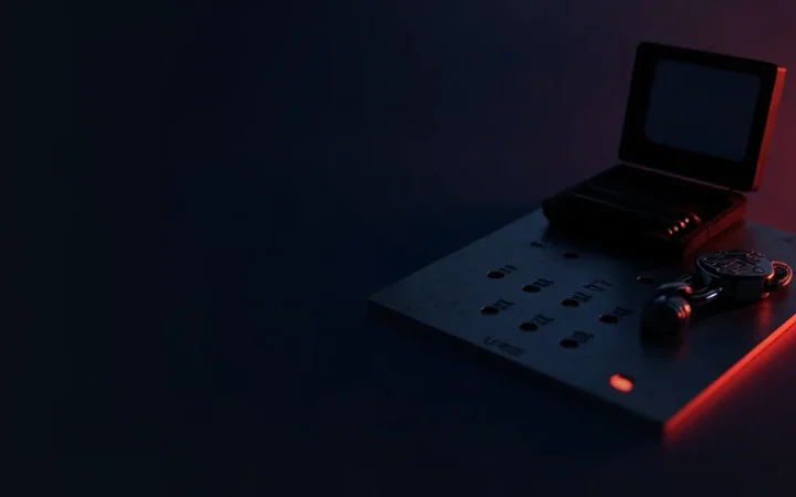 Et mørkt skrivebord med en hardware wallet, stålplade og hængelås i rødt lys.