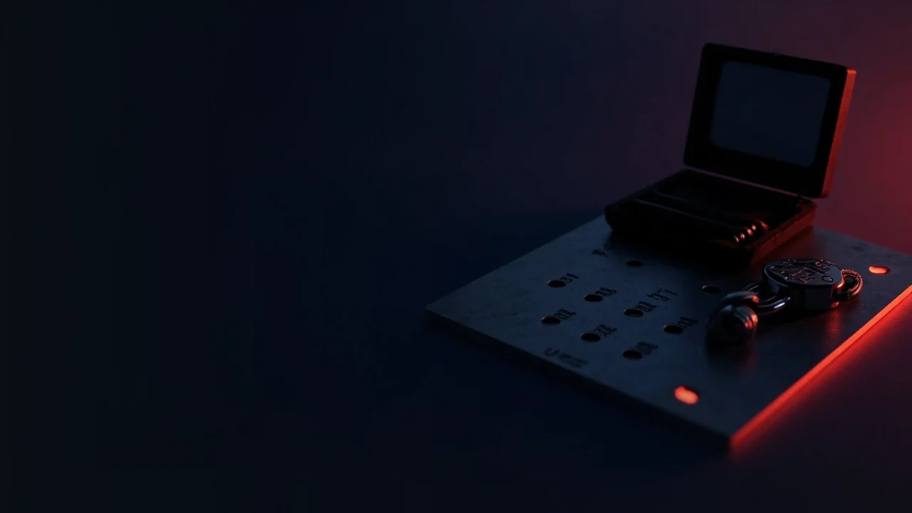 A dark desk with a hardware wallet, steel plate and padlock in red glow.