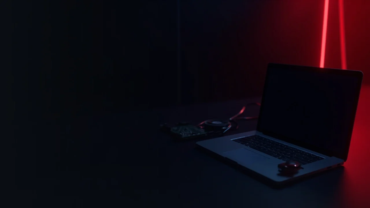 En mørk navyblå baggrund med en glødende rød laptop og et circuit board til højre.