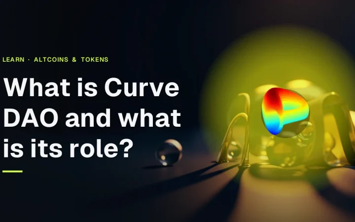 Curve DAO guide cover with the Curve logo and a dark navy background of glowing glass spheres and gold arcs.