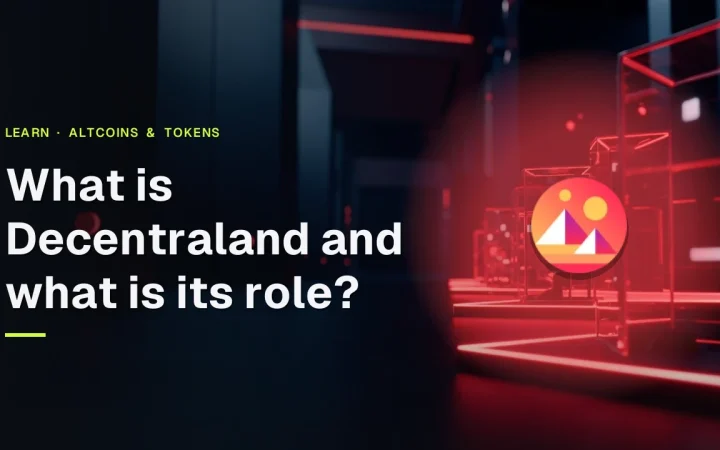 The title What is Decentraland and what is its role with the Decentraland logo over a dark navy scene of glowing red cubes and glass platforms.