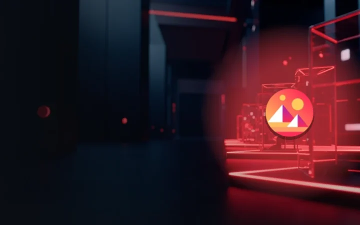 Decentraland-logoet over en mørk navy scene med glødende røde terninger og glasplatforme.
